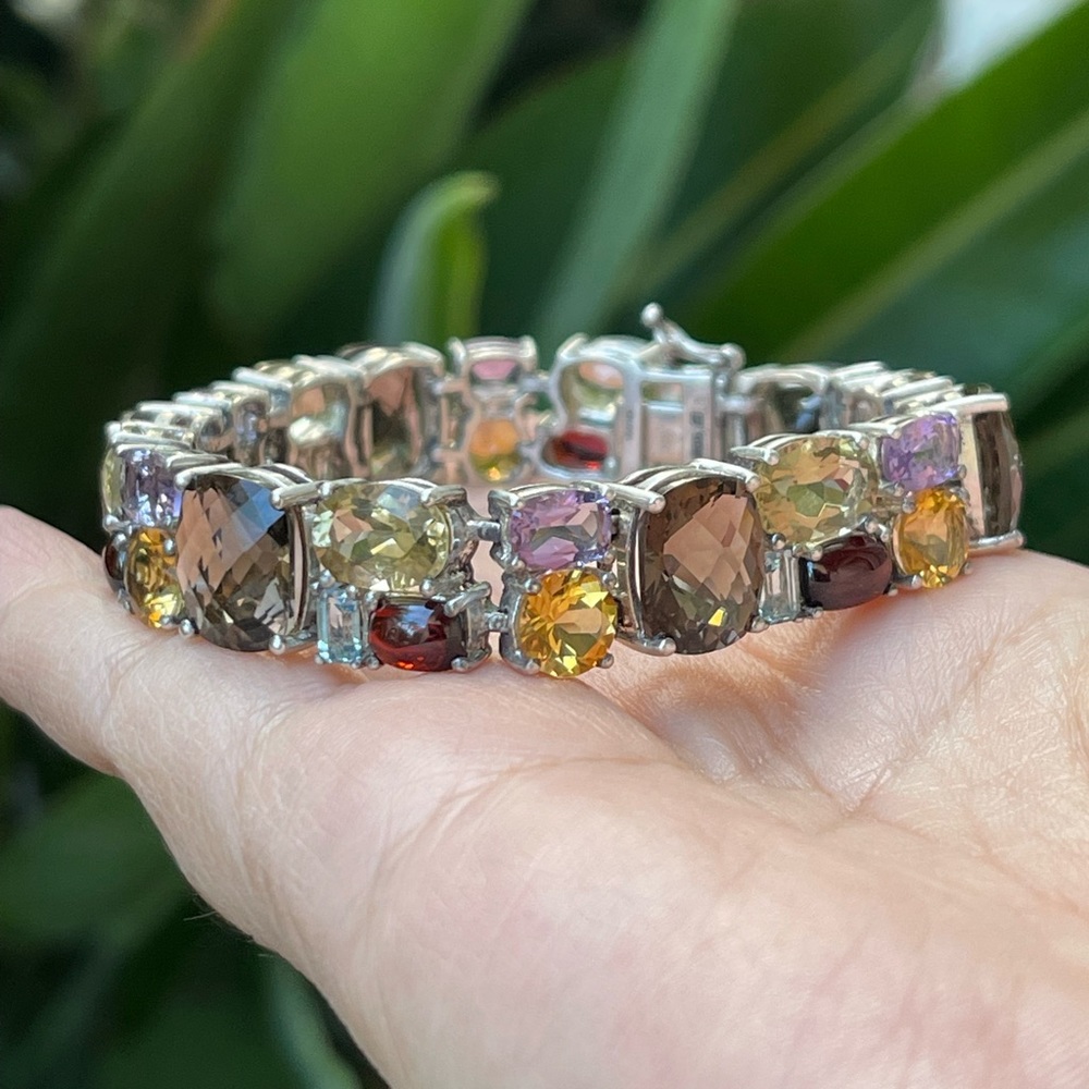 Multi Gemstone Heavy Solid Sterling Silver Bracel… - image 3
